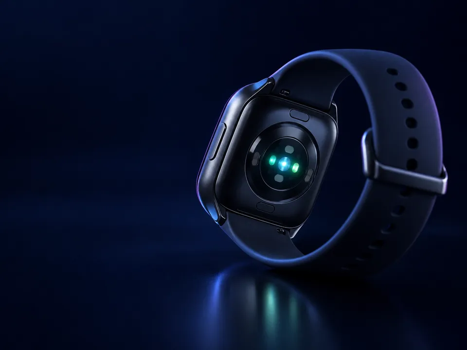 A smartwatch with its health sensor lit