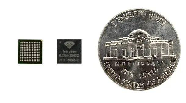 Two MLX200 chips next to a US nickel